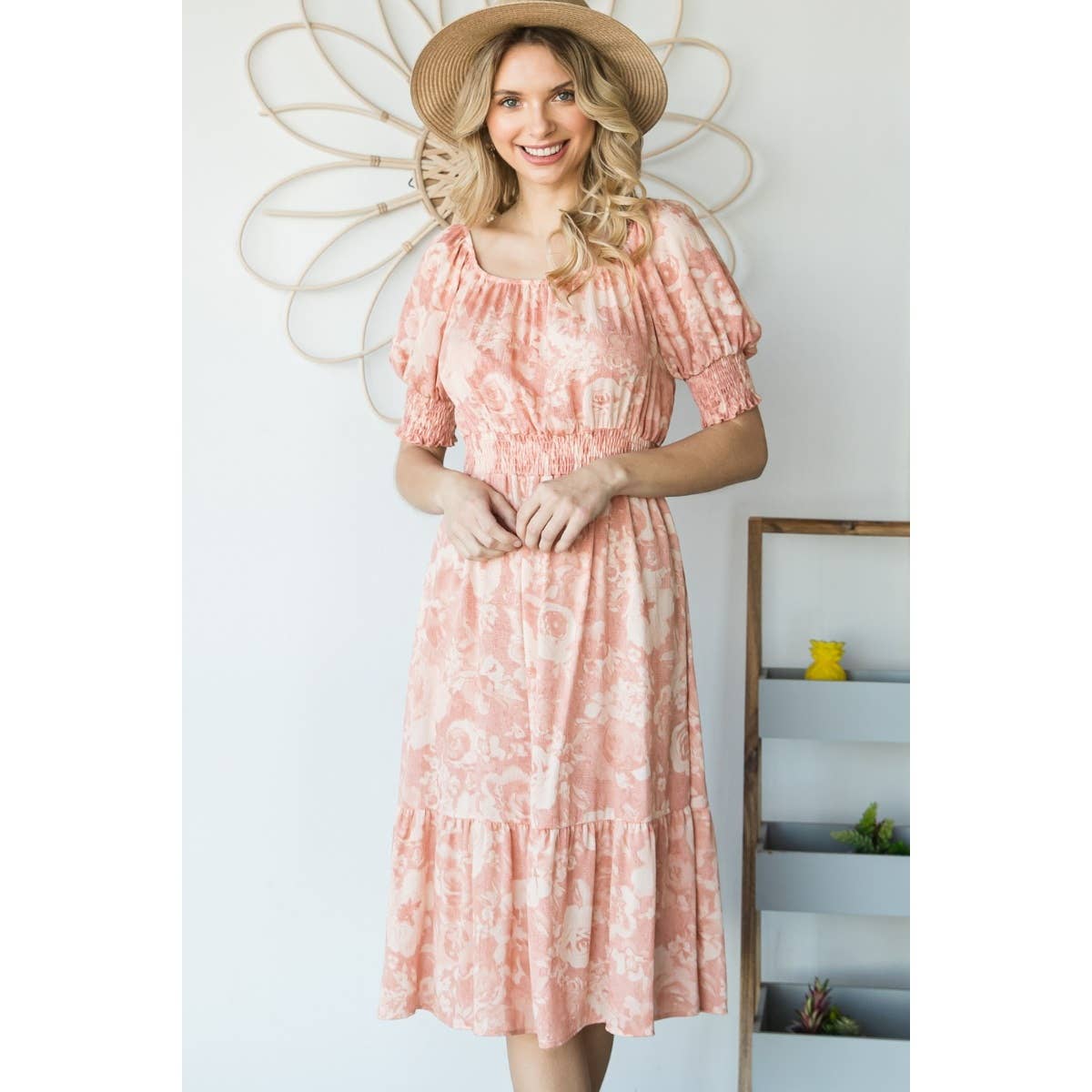 Vintage Floral Square Neck Midi Dress