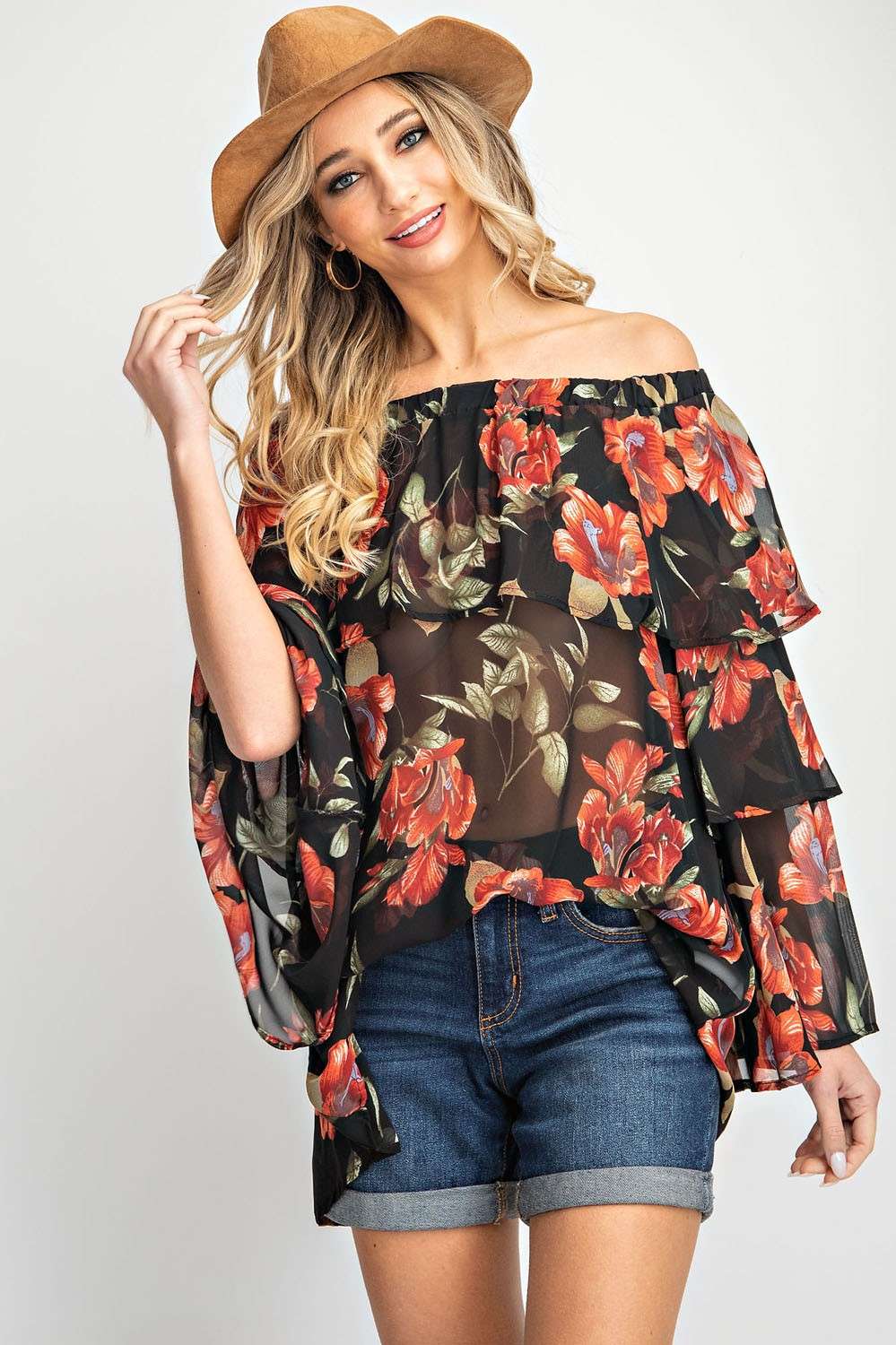 Off shoulder elastic neckline 2 tiered woven floral print