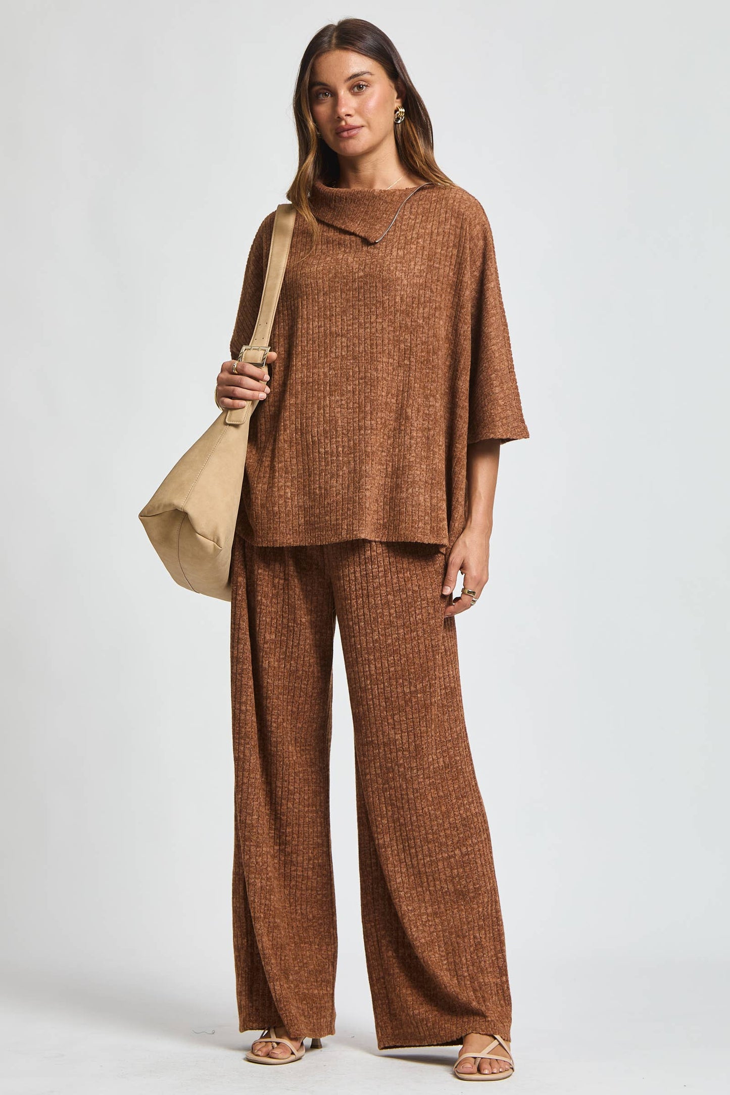 Brushed Ribbed 2-Piece Poncho & Pant Set