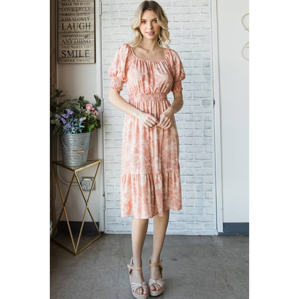 Vintage Floral Square Neck Midi Dress