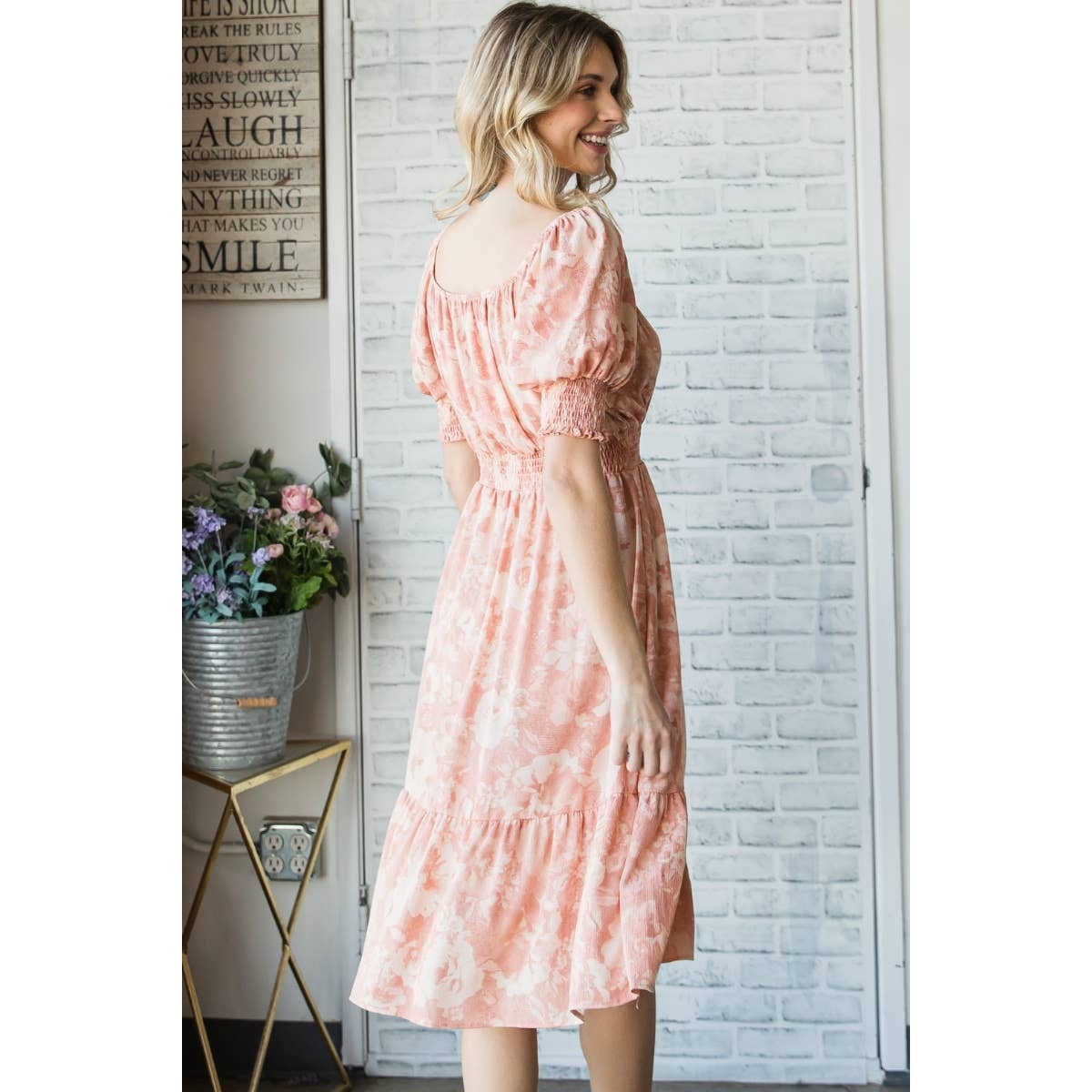 Vintage Floral Square Neck Midi Dress