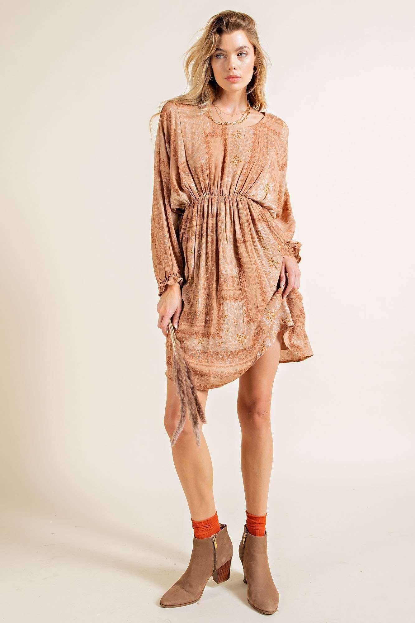Dolman ruffled edge long sleeve woven mini dress