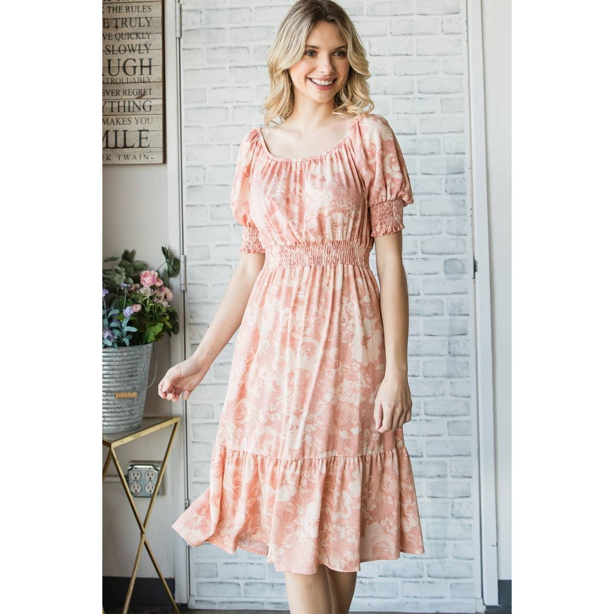 Vintage Floral Square Neck Midi Dress