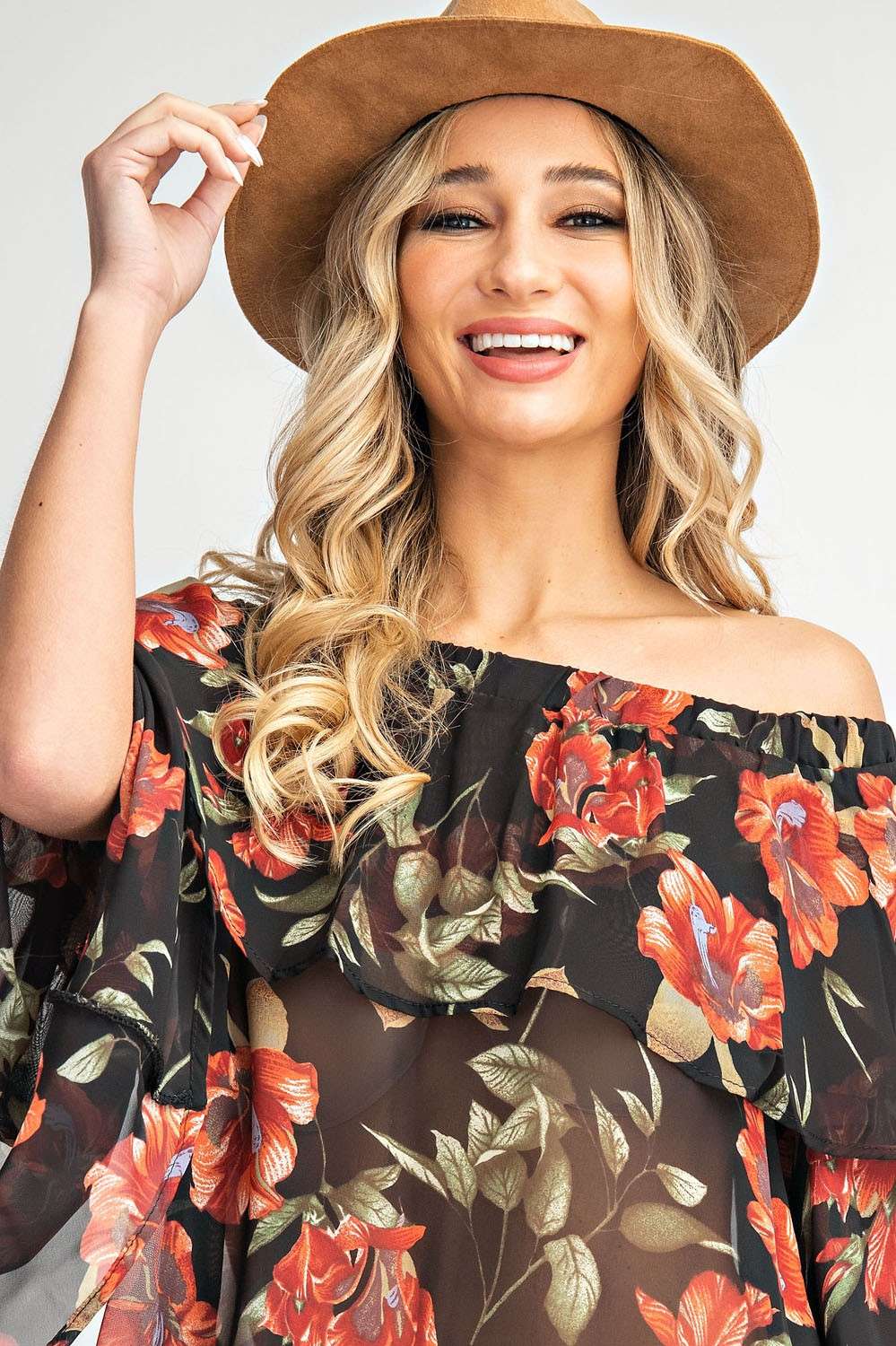 Off shoulder elastic neckline 2 tiered woven floral print