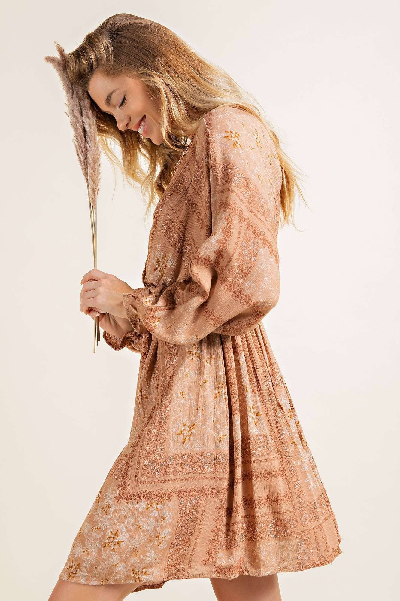 Dolman ruffled edge long sleeve woven mini dress