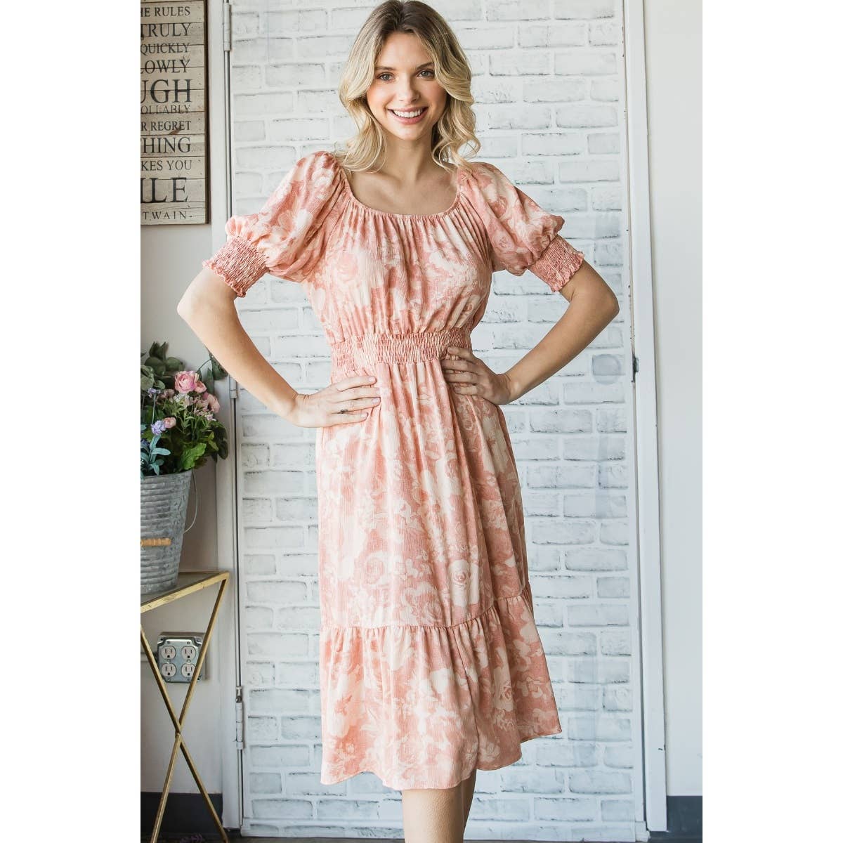 Vintage Floral Square Neck Midi Dress