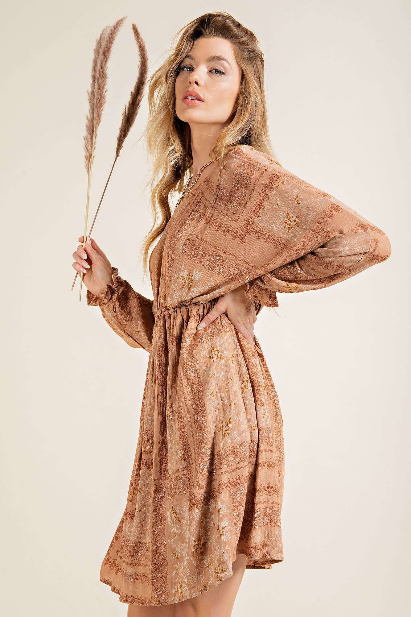 Dolman ruffled edge long sleeve woven mini dress