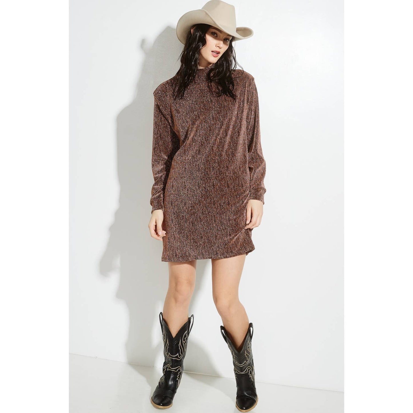 Sparkling Lurex mock neck mini dress