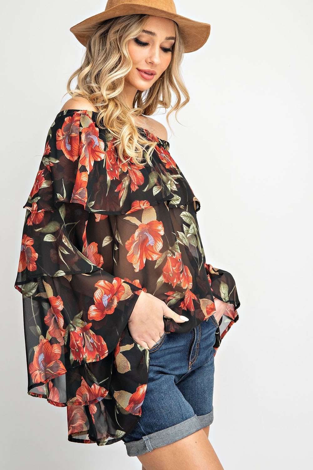 Off shoulder elastic neckline 2 tiered woven floral print