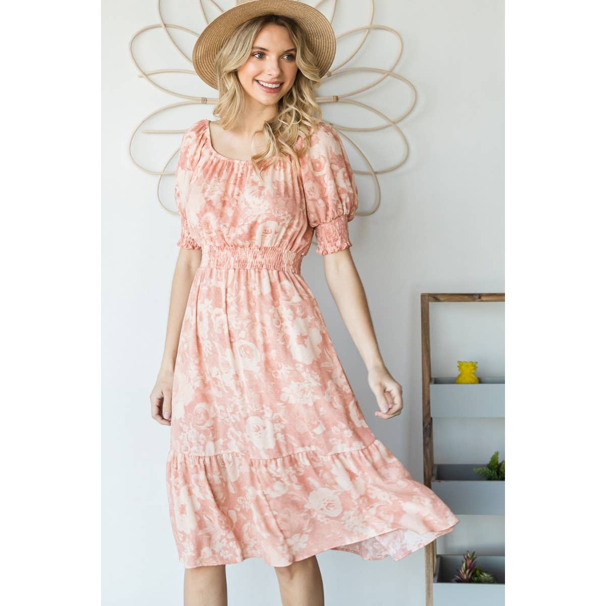 Vintage Floral Square Neck Midi Dress