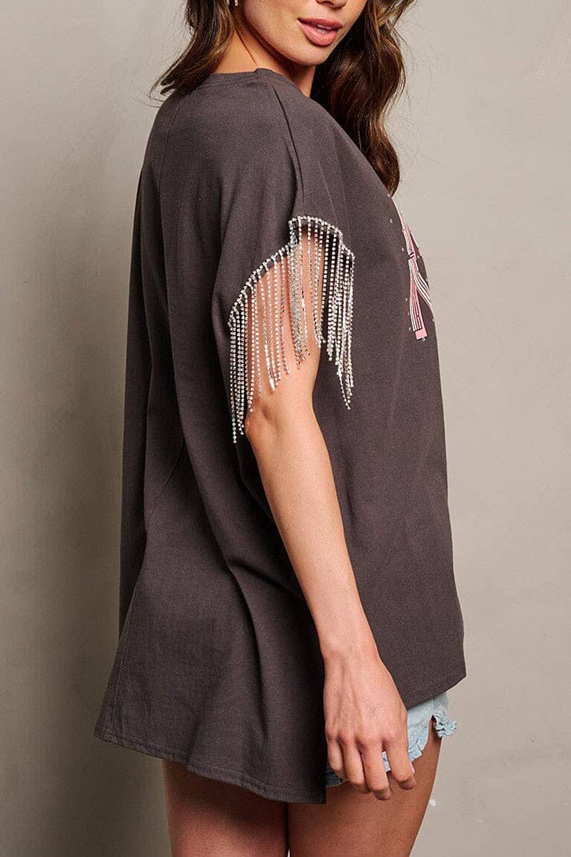 SHORT SLEEVE STUDS FRINGE GRAPHIC TOP