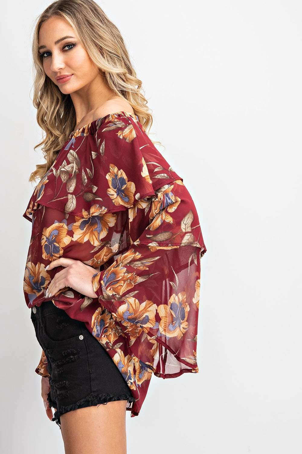 Off shoulder elastic neckline 2 tiered woven floral print