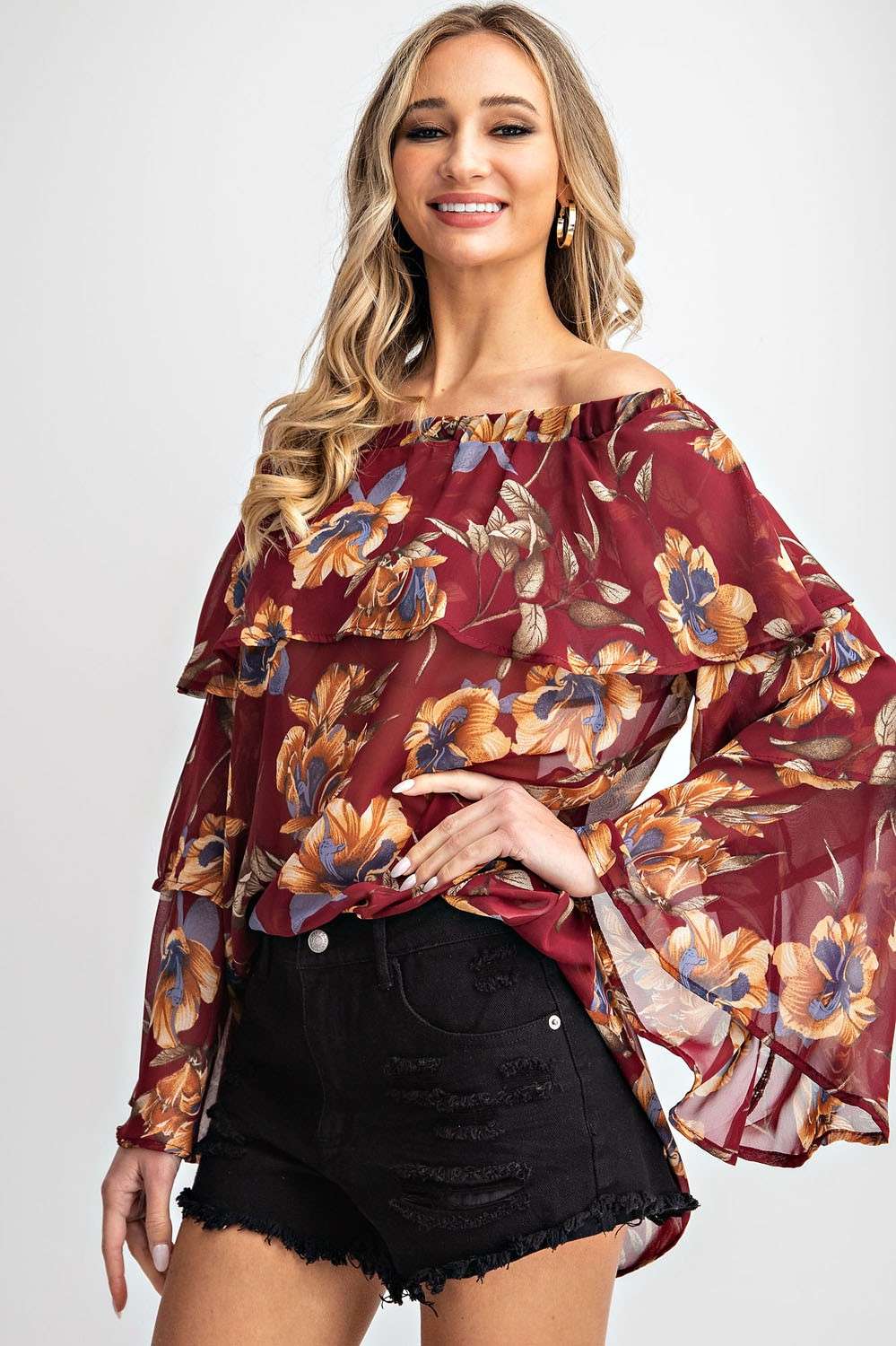 Off shoulder elastic neckline 2 tiered woven floral print