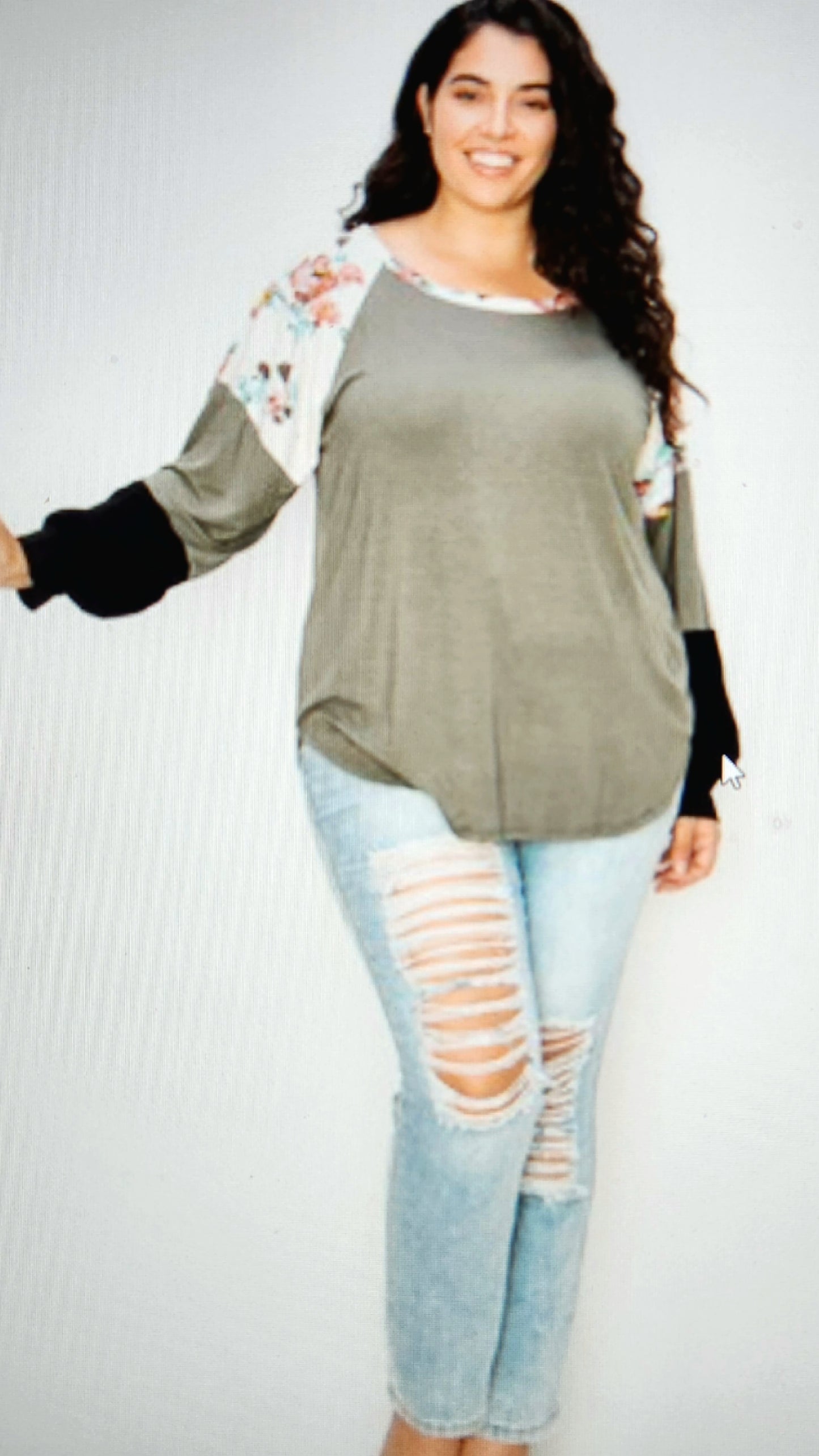 Plus size partially floral color block long sleeve top