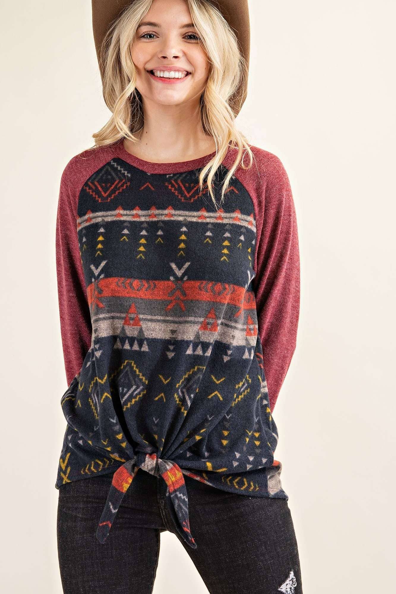 Round neck raglan contrast long sleeve top