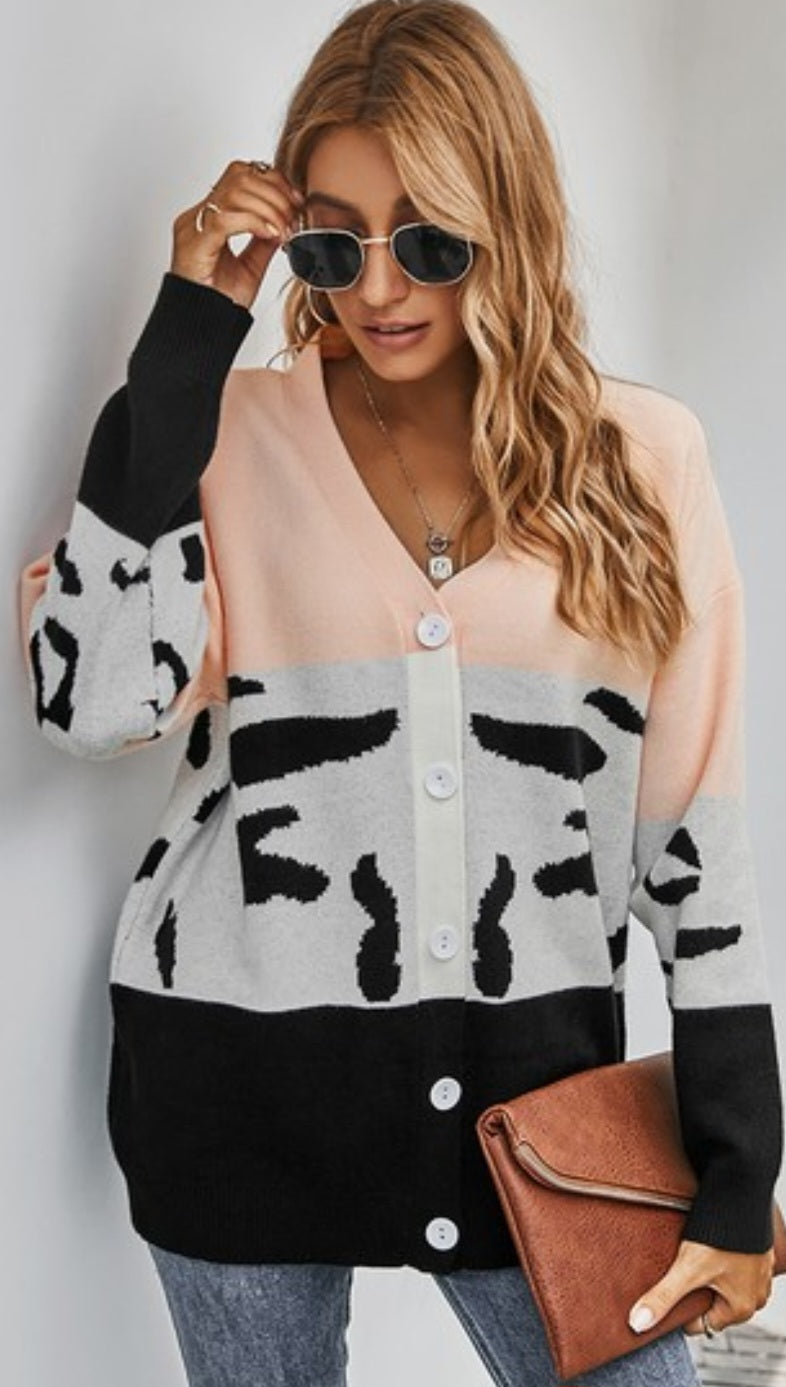 V Neck Color Block Button Cardigan