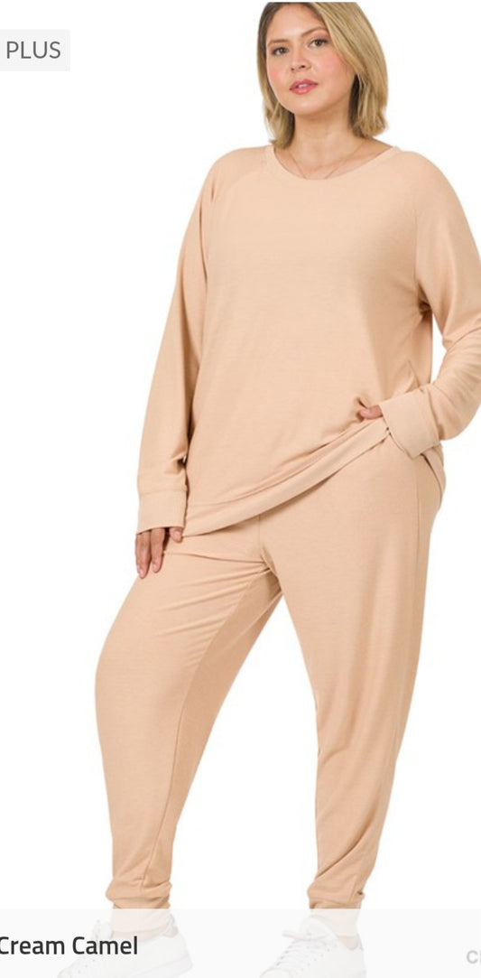 Plus Size Reverse Soft French Terry top and Ankle Jogger Pants Set