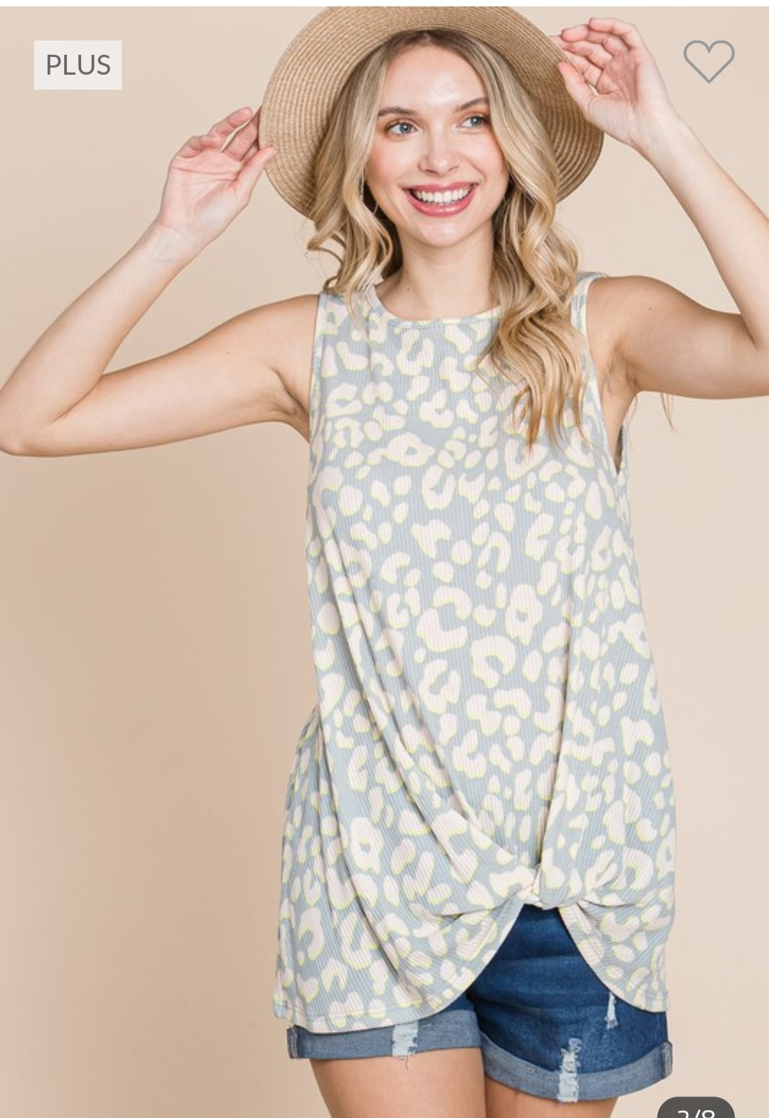 Plus Size Leopard Print Ribbed Round Neck Sleeveless Knot Detail Top.