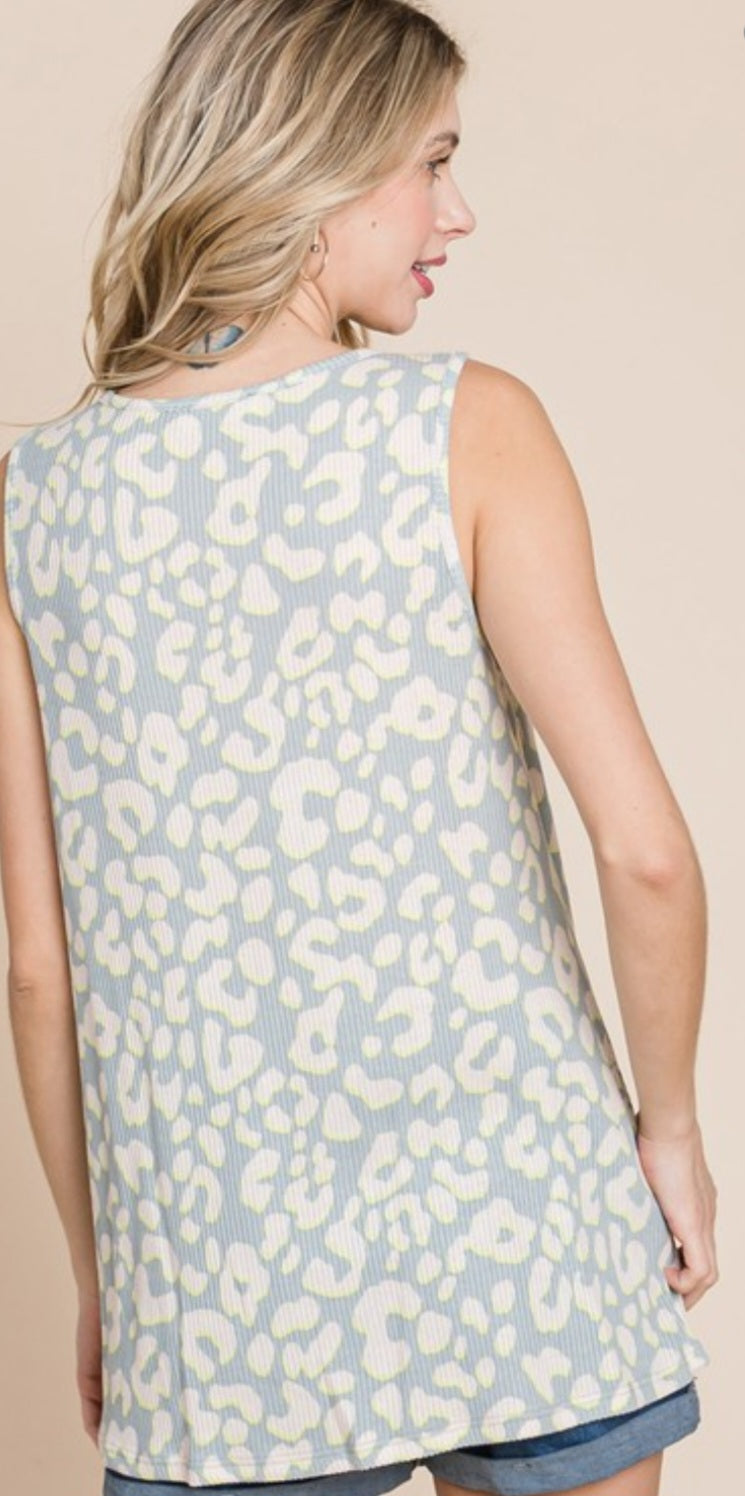 Plus Size Leopard Print Ribbed Round Neck Sleeveless Knot Detail Top.