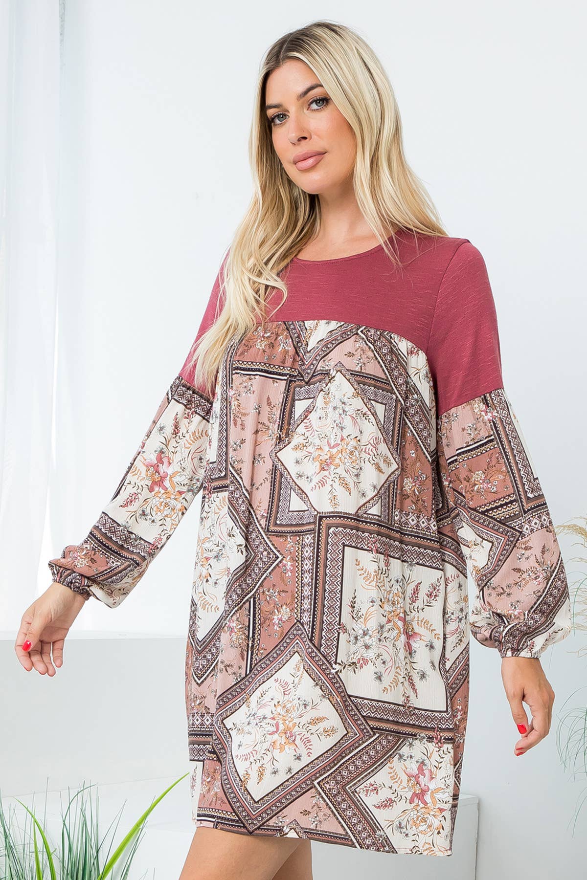 Paisley floral patch crepe contrast tunic dress