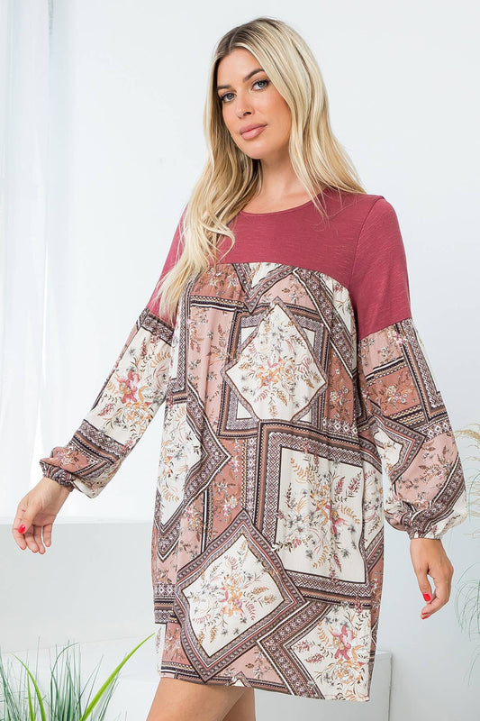 Paisley floral patch crepe contrast tunic dress