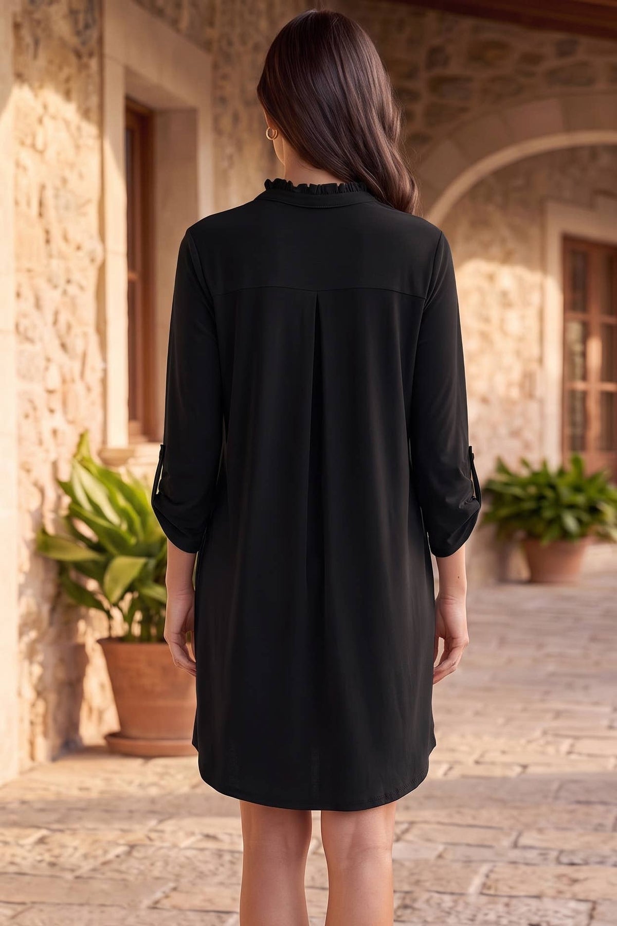 Ruffle Neckline A-Line Lizzy 3/4 Sleeve Dress