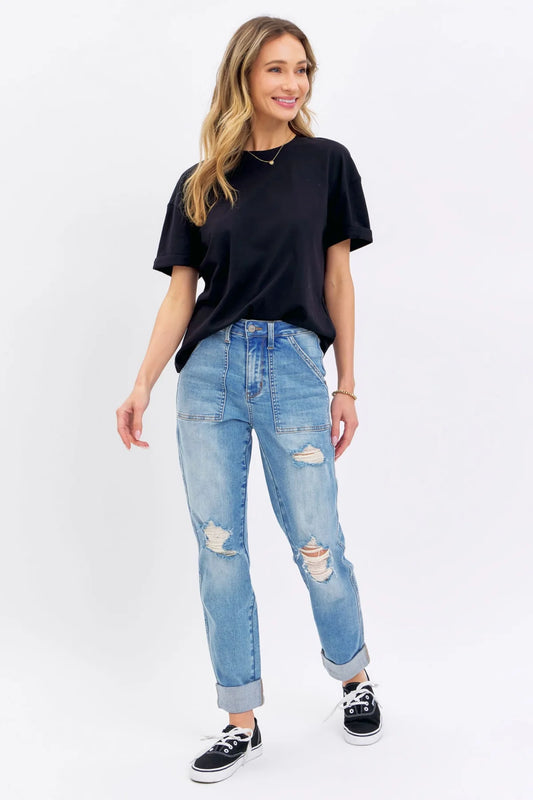 HIGH RISE PATCH POCKET DISTRESSED CUFFED BOYFRIEND 88825 Reg