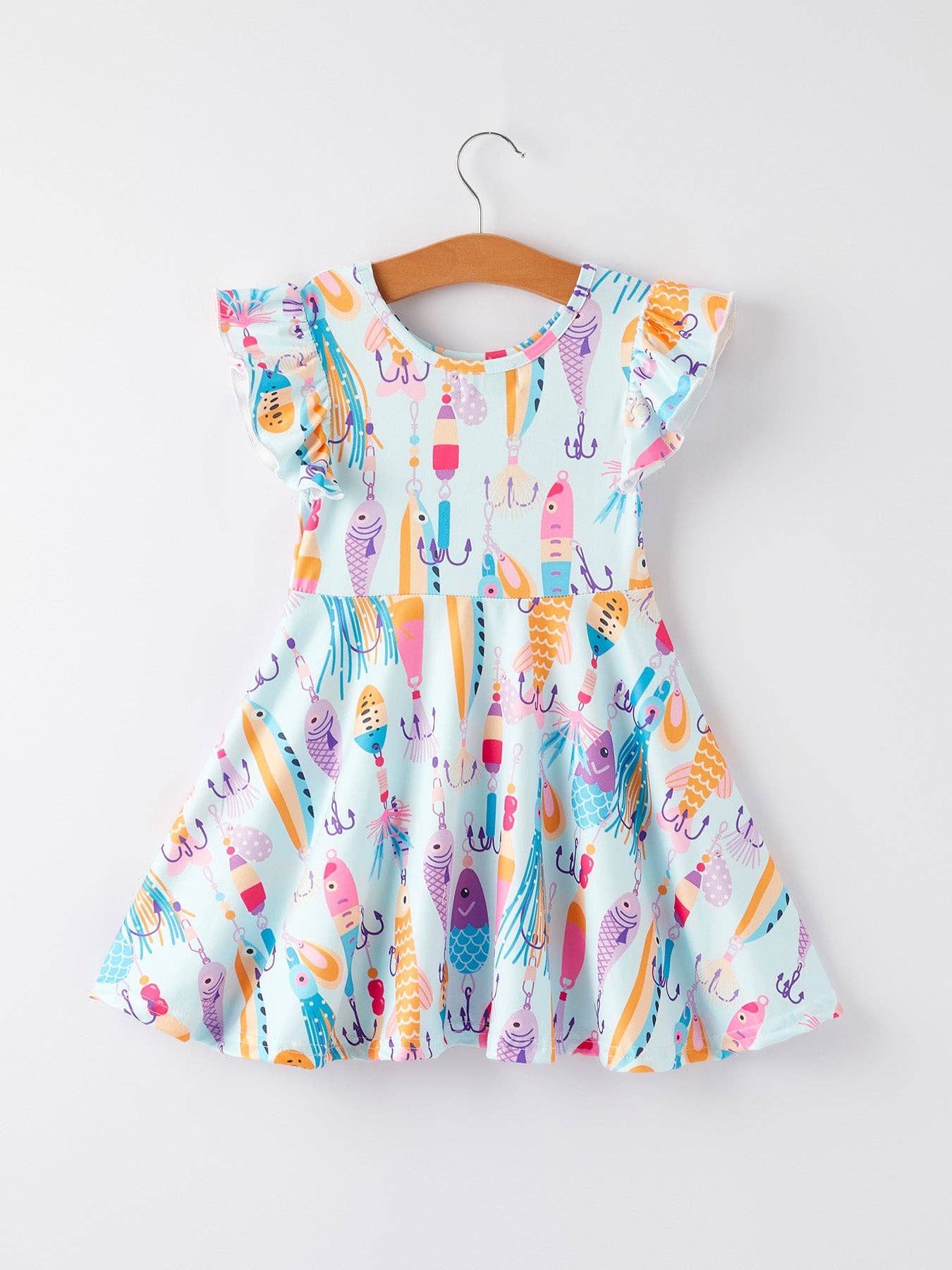Girls Fish Print Fly Sleeve White Dress
