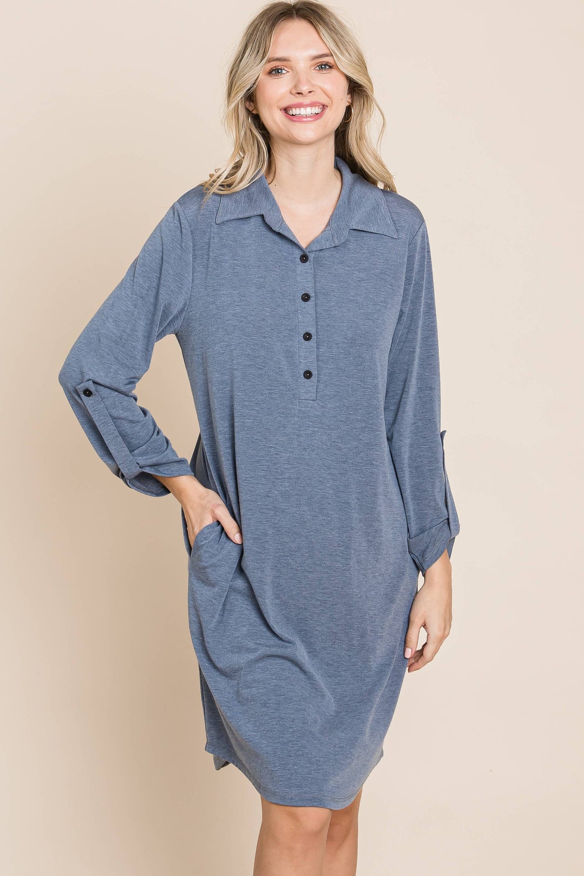 Solid Button Up Knee Dress