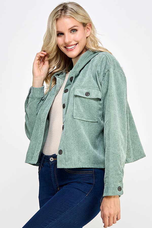 Women Corduroy Oversized Shacket, Hooded Shirt Jacket