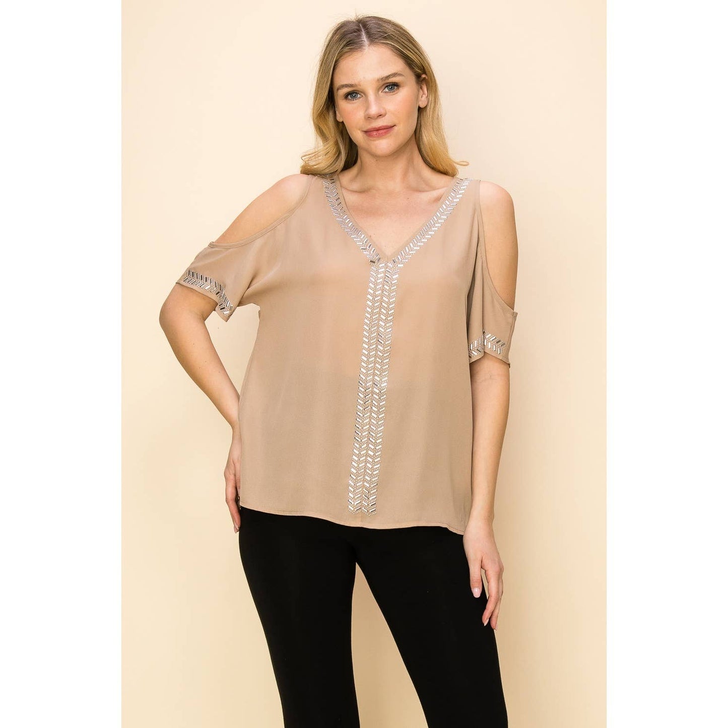 VOCAL - EMBELLISHED COLD SHOULDER SHORT SLEEVE BLOUSE