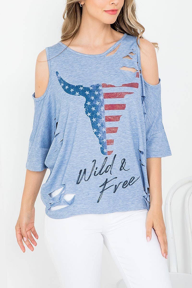 BULL HEAD  WILD N FREE  DISTRESSED BATWING TOP