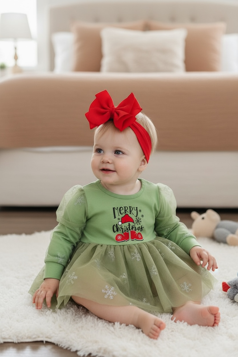 Kids Charm Online - "Merry Christmas" Green long sleeve dress with sparkly tulle. RPG50143023AMY