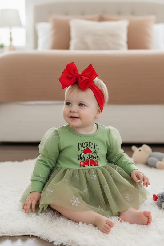 Kids Charm Online - "Merry Christmas" Green long sleeve dress with sparkly tulle. RPG50143023AMY