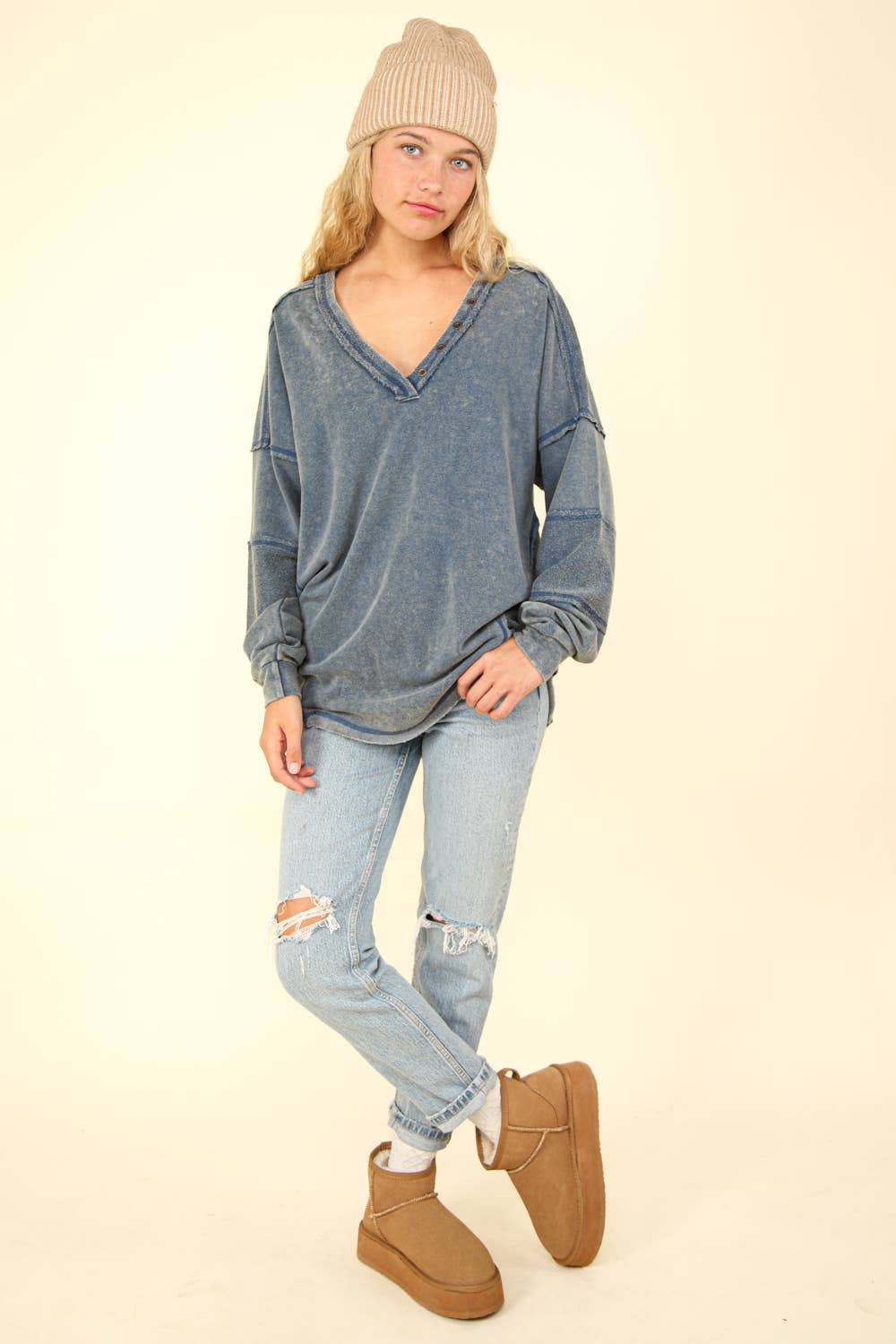 Washed Knit V-Neck Oversized Top