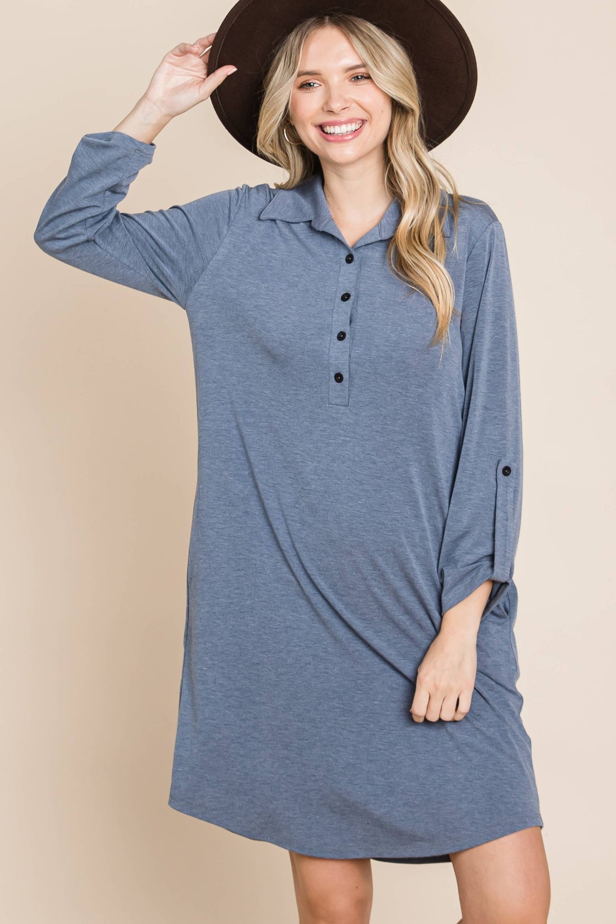 Solid Button Up Knee Dress