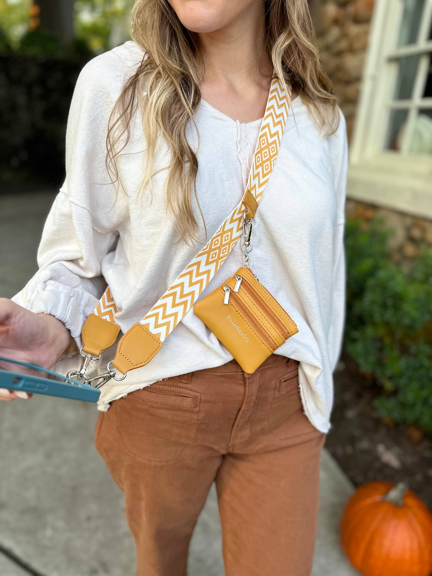 Save The Girls - Clip & Go Crossbody Strap with Pouch - Chevron Collection: Yellow - Yellow Pouch