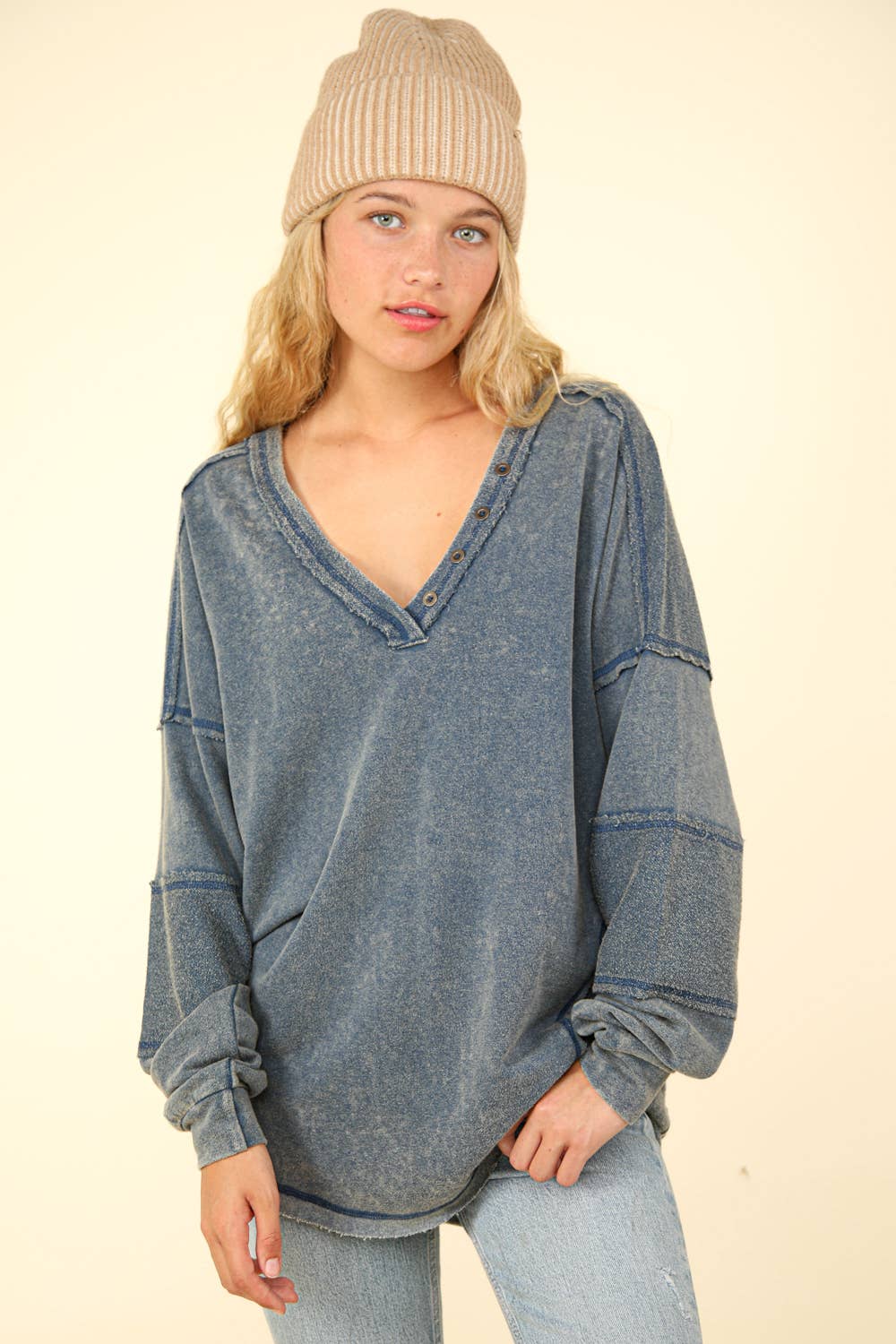 Washed Knit V-Neck Oversized Top