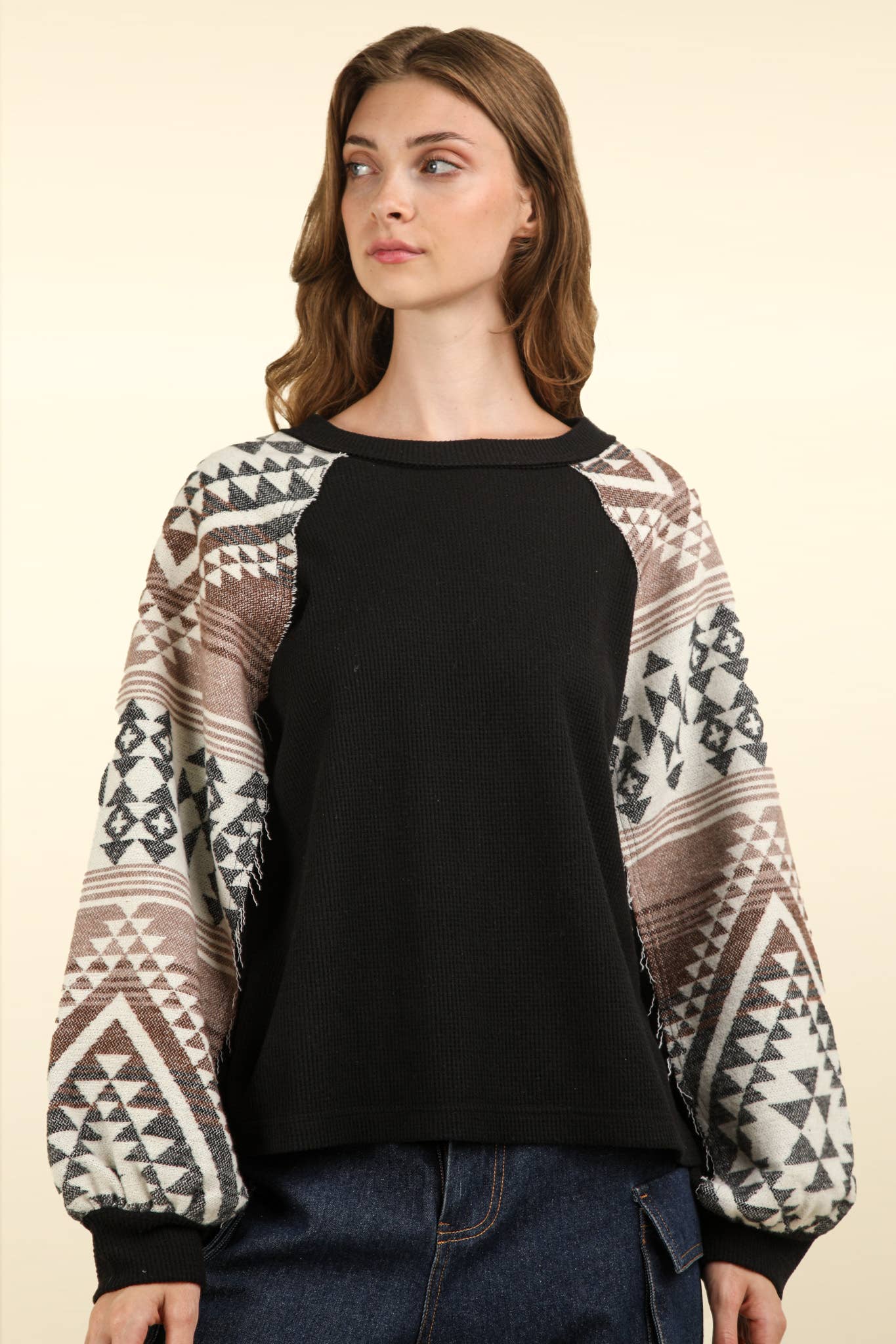 Aztec Printed Sleeve Oversized Cozy Knit Top