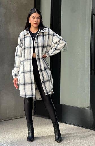 Oversize Long Flannel Plaid Shacket with Hoodie