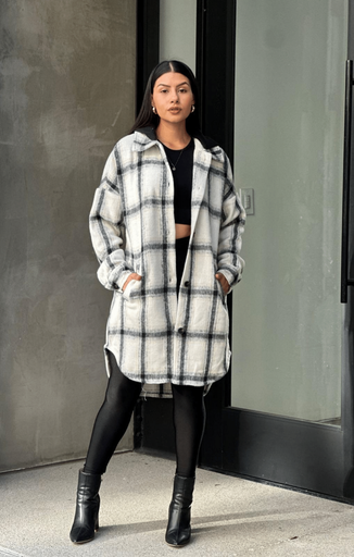 Oversize Long Flannel Plaid Shacket with Hoodie