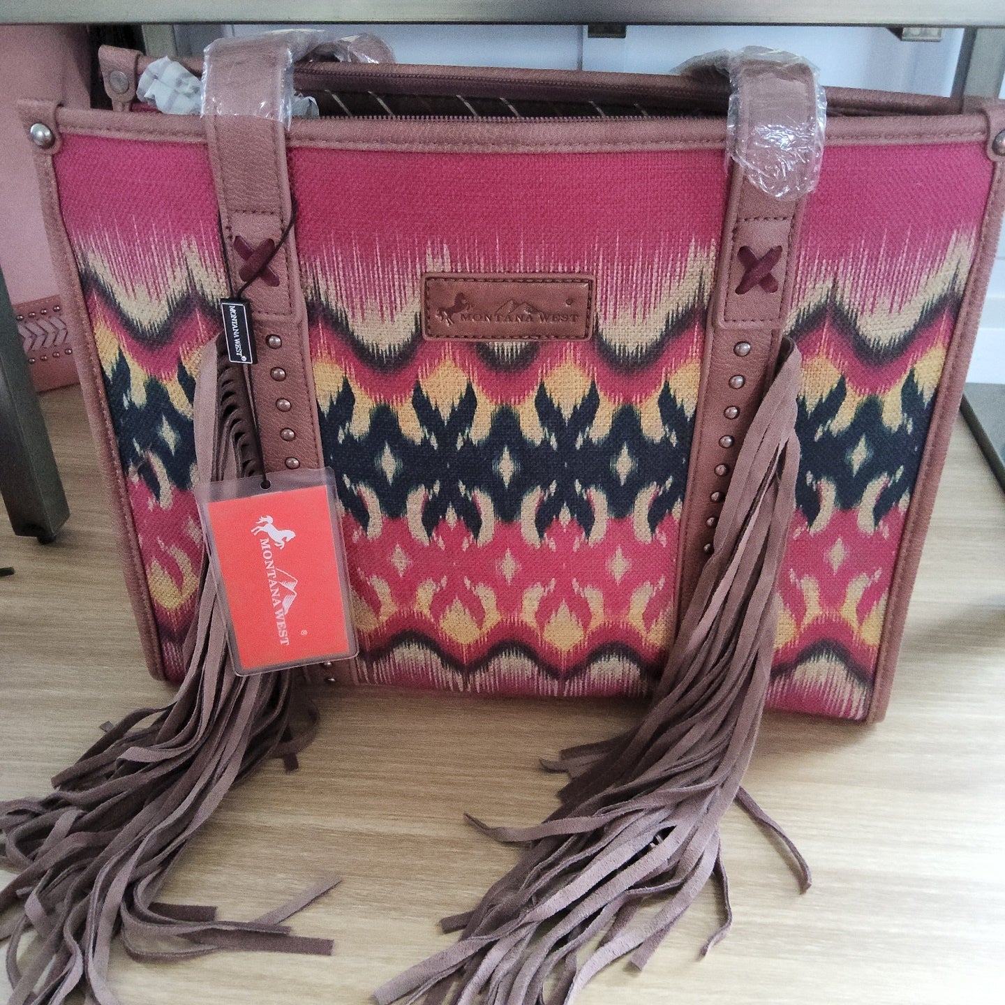 Montana West Distressed Multi Tribal Double Sided Print Fringe Tote -Fuchsia