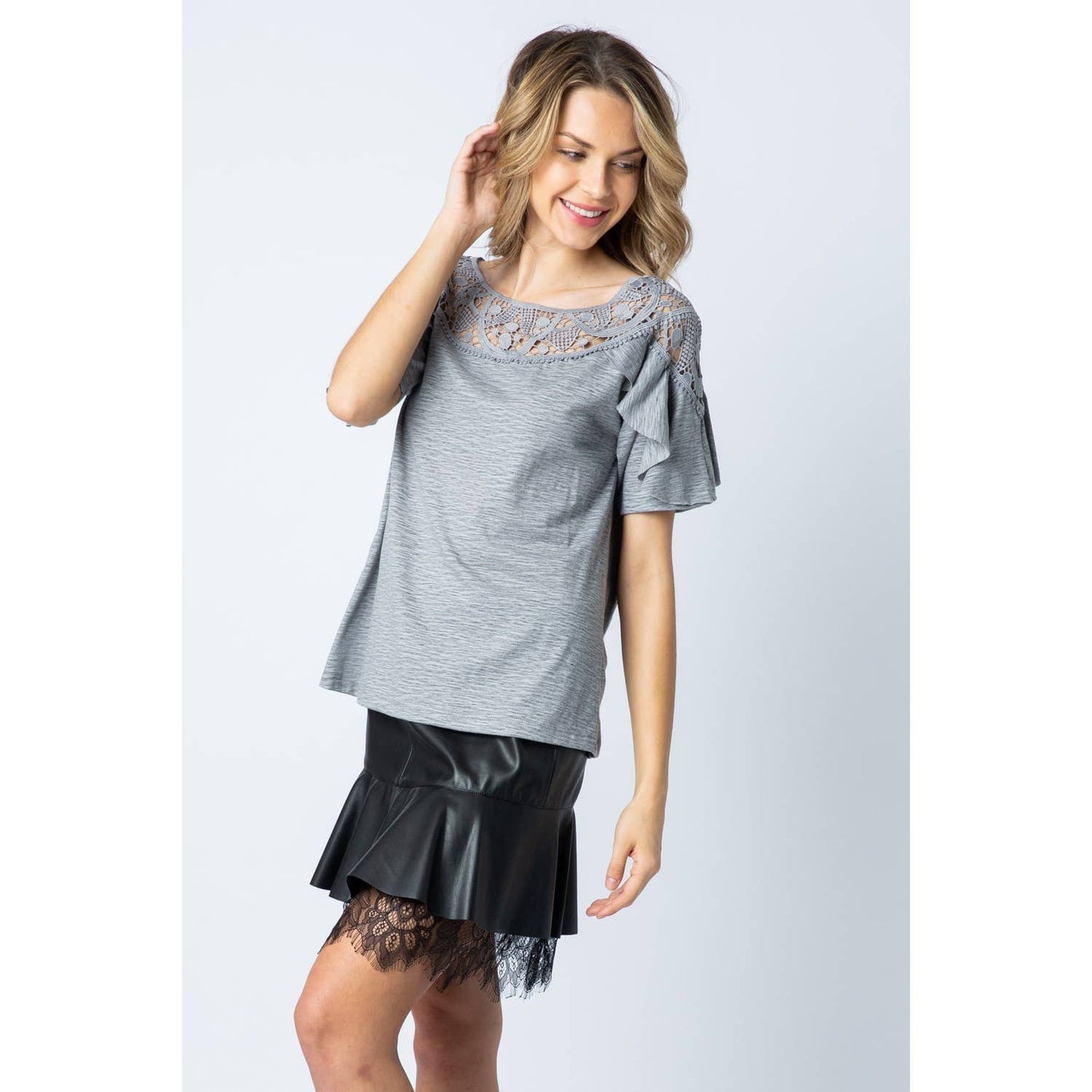 VOCAL - CROCHET LACE CONTRAST YOKE RUFFLE SHORT SLEEVE KNIT TOP