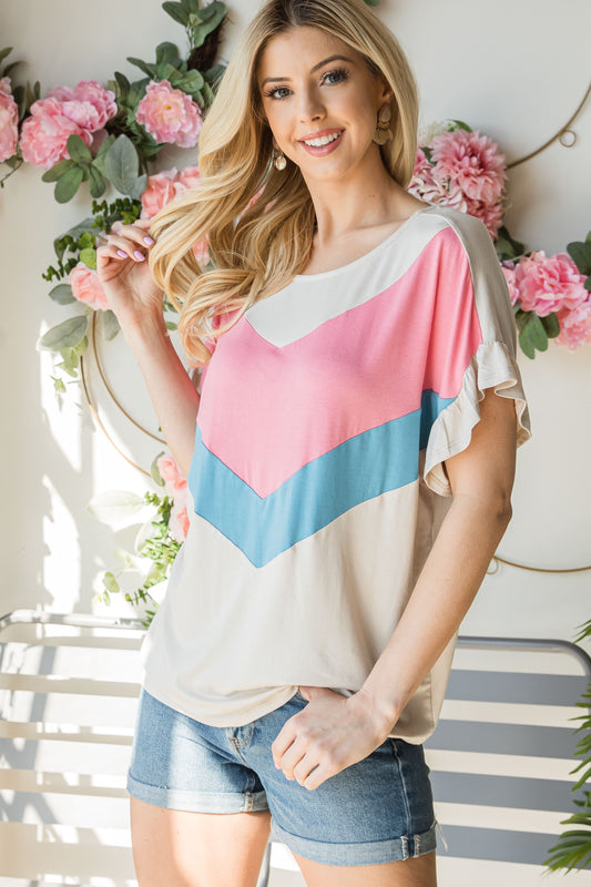 COLOR BLOCK RUFFLED SLEEVE TOP