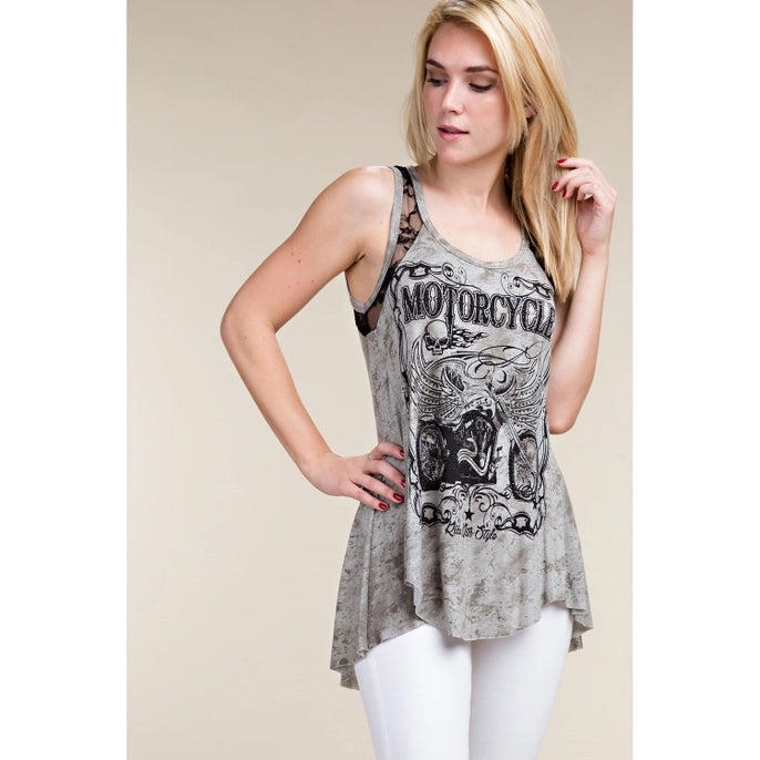 Printed Rhinestone Embellished Lace Contrast Tank Top