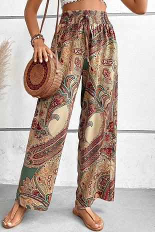 Paisley Print Boho Elastic Waist Wide Leg Pants