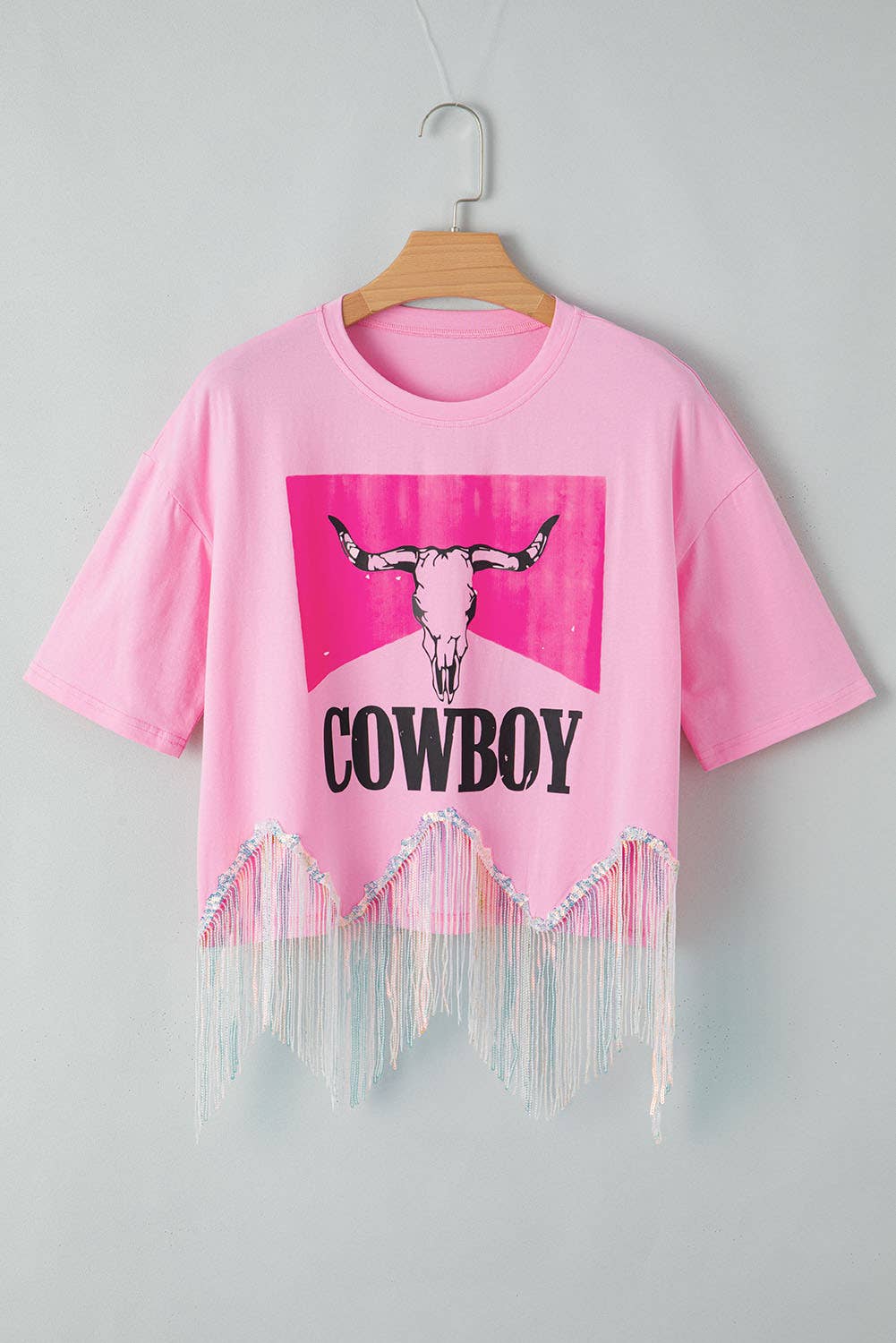 Aapparella - Women COWBOY Western Print Sequin Fringed Graphic Tee |