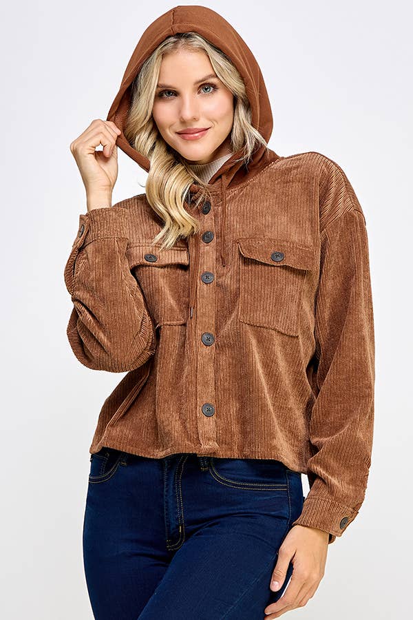 Women Corduroy Oversized Shacket, Hooded Shirt Jacket