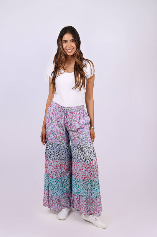 Blue Ditsy Print Cotton Palazzo Pants