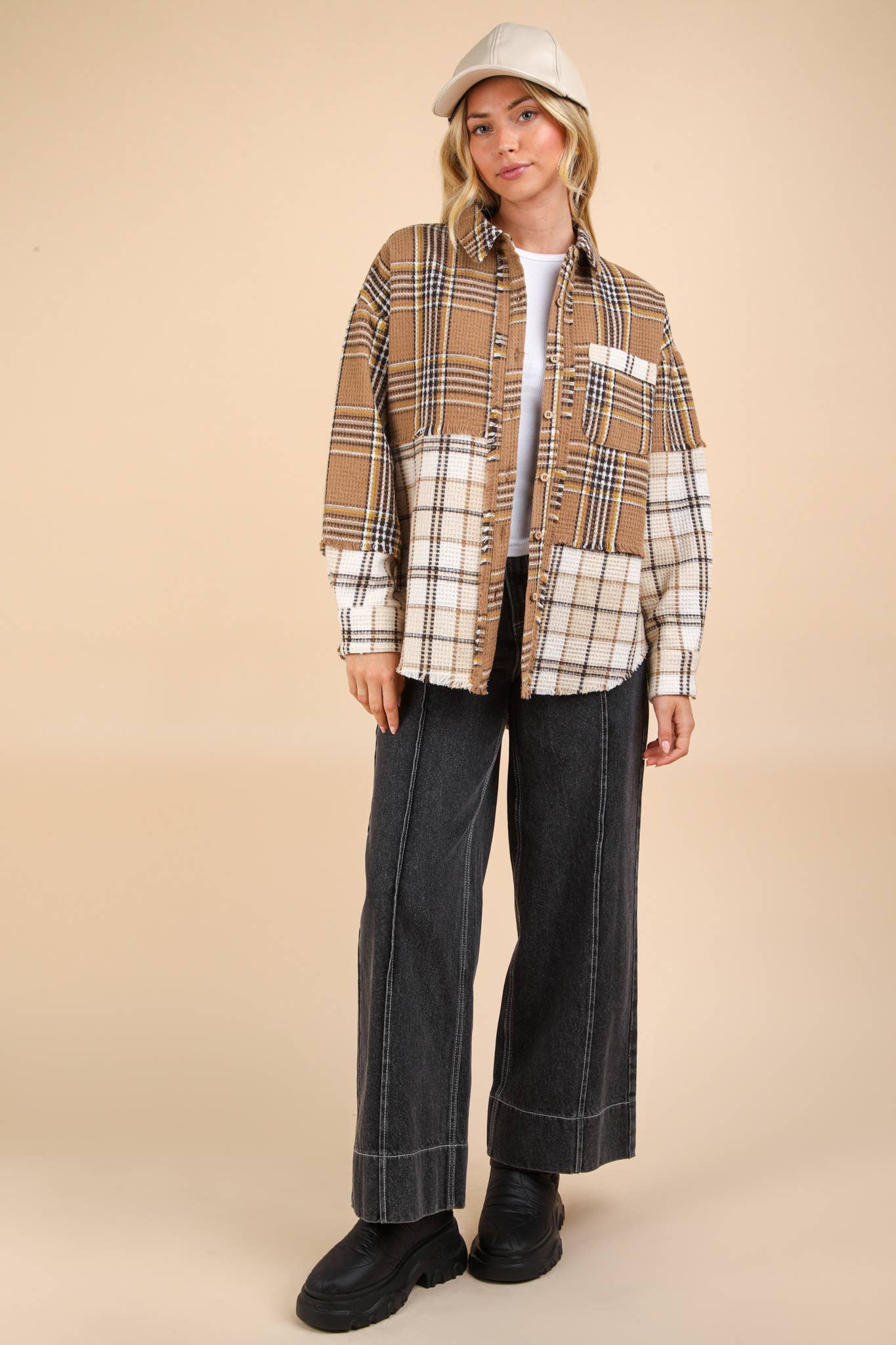 Mixed Plaid Oversized Casual Shacket Jacket